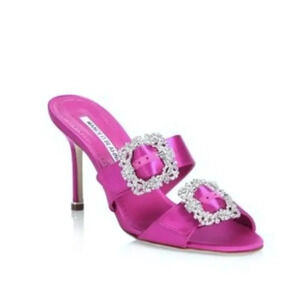 Manolo Blahnik Mulussanhan Mules Sandals Satin Crystal Buckle Pink Size 38.5